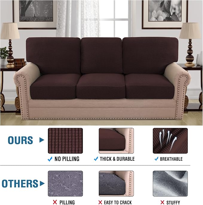 H.VERSAILTEX Multi-Pieces Sofa Slipcovers for 3 Seat Cushion Couch High Stretch Couch Cushion Covers Jacquard Textured Twill Fabric(3 Seat Covers Plus 3 Back Cushion Covers, Chocolate)