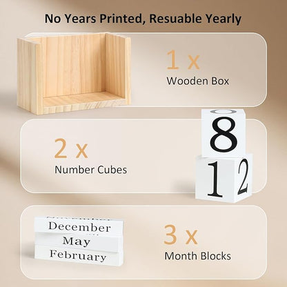 Wooden Block Calendar for Desk, Large Size Daily Desktop Perpetual Desk Calendar, Cute Date Display Desk Accessories for Home Office Decor, Teacher, Classroom, Reusable Yearly, Wood Grain