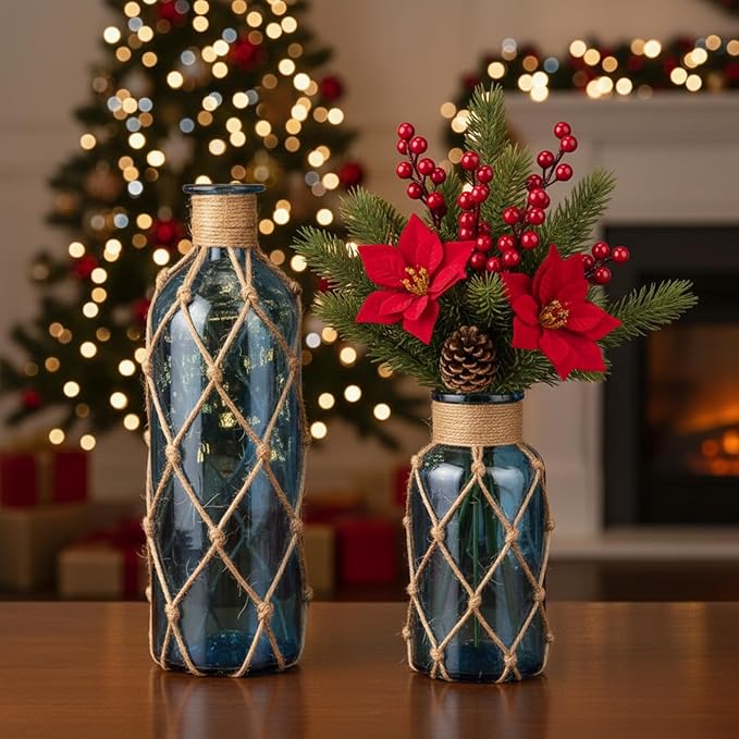 Chuangdi Set of 2 Coastal Glass Vases Christmas Vases for Flowers with Boho Rope Christmas Centerpieces for Tables Small Beach Bottle for Nautical Wedding Floral Arrangement Decorations(Navy Blue)