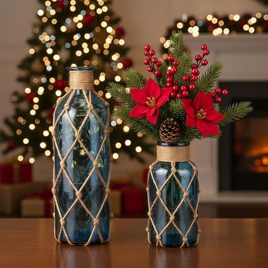 Chuangdi Set of 2 Coastal Glass Vases Christmas Vases for Flowers with Boho Rope Christmas Centerpieces for Tables Small Beach Bottle for Nautical Wedding Floral Arrangement Decorations(Navy Blue)