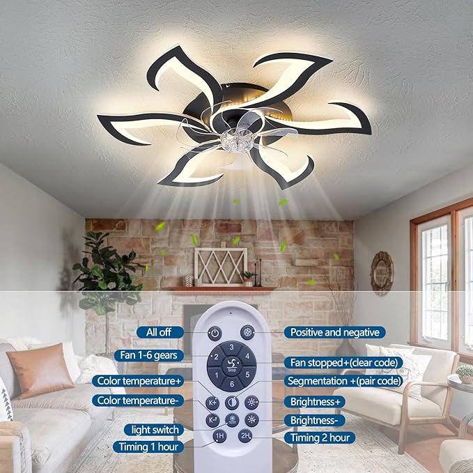 HuixuTe 32" Black Geometric Modern 6-head Ceiling Fan with Lights Remote Control, Low Profile Ceiling Fan with Light for Kitchen Bedroom Living Room