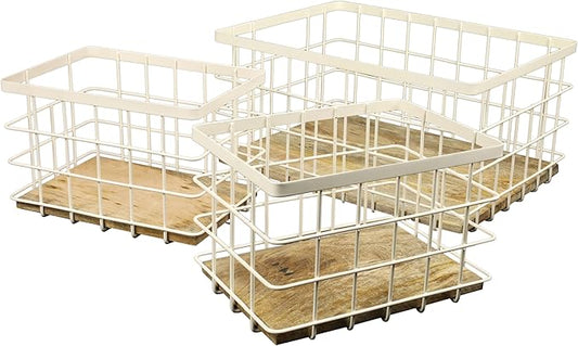 happimess BSK3004C-3SET Evvie Vintage Farmhouse Wire Metal Nesting Storage Baskets with Wood Base for Shelves, Cabinets, Pantry, Countertop, Mesh Open Bin Basket, Almond/Natural (Set of 3)