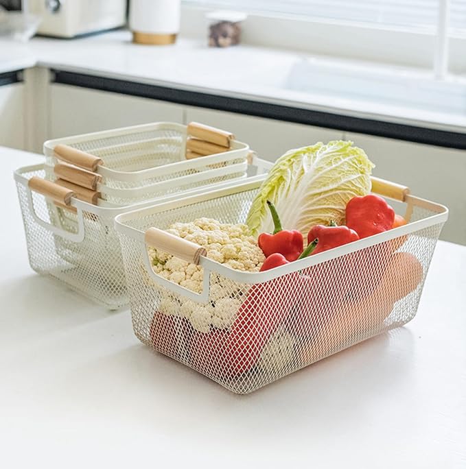 Metal Mesh Steel Basket, Large Wire Storage Organizer Basket Multi-function Hanging Kitchen Baskets with Wood Handle for Kitchen Bathroom Picnic Home, Rectangle-Off White