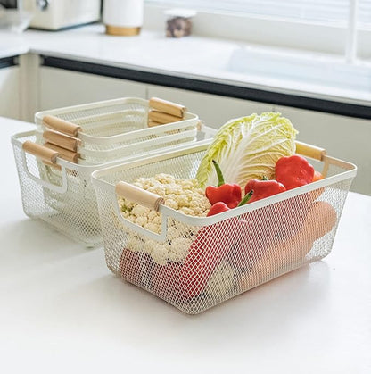 Metal Mesh Steel Basket, Large Wire Storage Organizer Basket Multi-function Hanging Kitchen Baskets with Wood Handle for Kitchen Bathroom Picnic Home, Rectangle-Off White