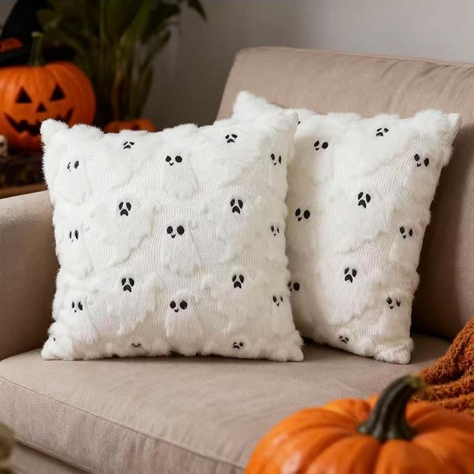 Halloween Decorative Pillow Covers 18x18 Set of 2 Ghost Throw Pillow Covers, Faux Fur Soft Pillow Cover Fluffy Plush Accent Throw Pillow Case, Throw Pillow Cover Cushion Cover for Home Decor, White