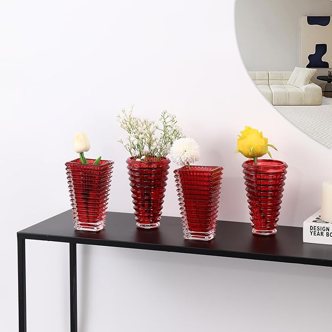 MCMCNCUIU Crystal Flower Vase Set of 4, Glass Vases for Centerpieces, Red Vases for Flowers, Small Vase for Living Room, Bedroom, Kitchen, Office, Wedding