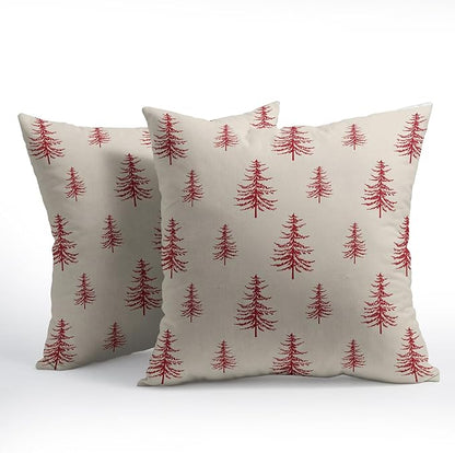 Christmas Tree Pillow Covers 22x22 Set of 2 Red Xmas Vintage Winter Print Decorative Outdoor Linen Zipper Throw Pillows Cases Cushion Cover Rustic Holiday Decoration Farmhouse Sofa Couch Bed Decor