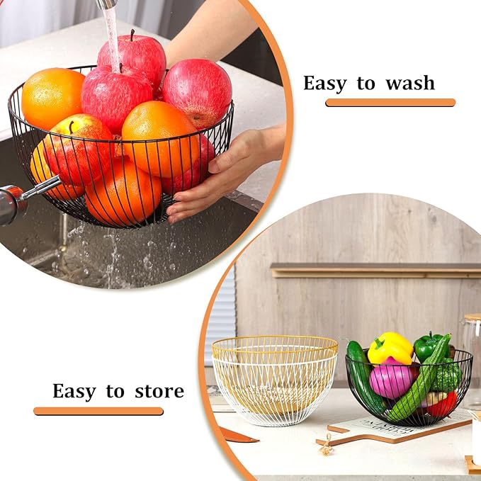 IBWell Black Wire Fruit Basket Fruit Bowl Kitchen Fruit Basket Stand Fruit Bowls for the Counters Metal Fruit Bowl (Round-Twill Large)
