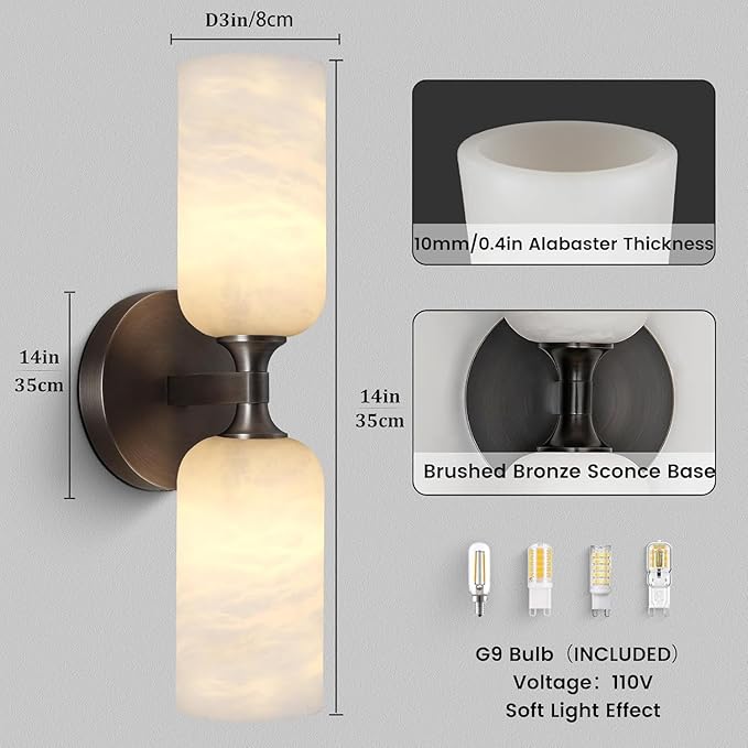 14in Modern Spanish Natural Marble Bathroom Vanity Sconces, Alabaster Wall Sconces Set of Two, Black Alabaster Sconce Wall Lighting, Black Wall Light Fixtures Decor