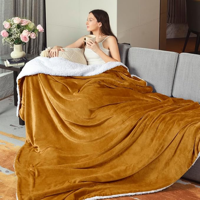 KAWAHOME Sherpa Fleece Twin Size Blanket for Bed - Extra Warm and Heavy Thick Blankets for Winter, Super Soft 500GSM Plush Blanket, 66"X 90" Ginger Yellow