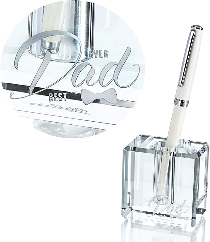 Fathers Day Crystal Christmas Gifts for Dad Crystal Carved Single Pen Holder, 2.4" Fancy Fountain Pen Holder for Desk, Glass Feather Pencil Stand for Office Desktop Decoration, Gift for Father Man