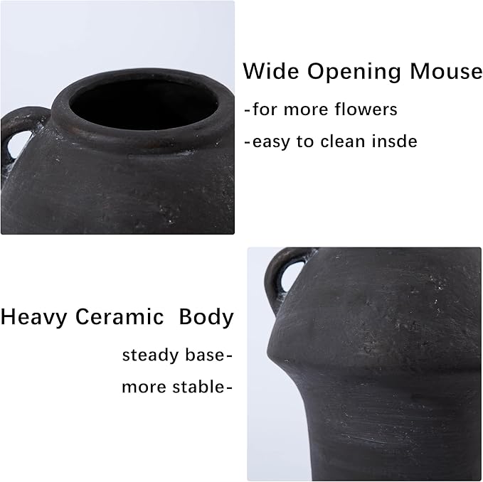 Black Vases Home Decor - Ceramic Vase for Flowers - Decorative Vase with Handle - Unique Fall Vase for Centerpieces, Farmhouse Vintage House for Pampas Grass