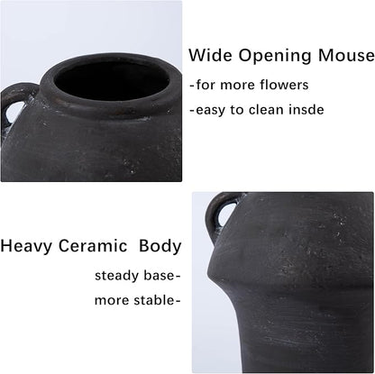 Black Vases Home Decor - Ceramic Vase for Flowers - Decorative Vase with Handle - Unique Fall Vase for Centerpieces, Farmhouse Vintage House for Pampas Grass