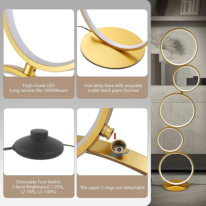 COSYLUX LED Modern Floor Lamp for Bedroom, 3 Way Bright Dimmable Corner Floor lamp with 5-Ring 2-in-1 Standing Tall End Table Lamp for Living Room & Office Reading Light, 3260LM, 6000K, Gold.