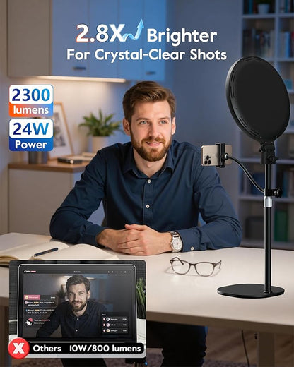2300 Lumens Ring Light with Stand for Desk, Computer & Laptop – Podcast & Streaming Light with Flexible Phone Holder, CRI 98+ Bright Yet Soft Influencer Light for Video Recording, Conference & Calls