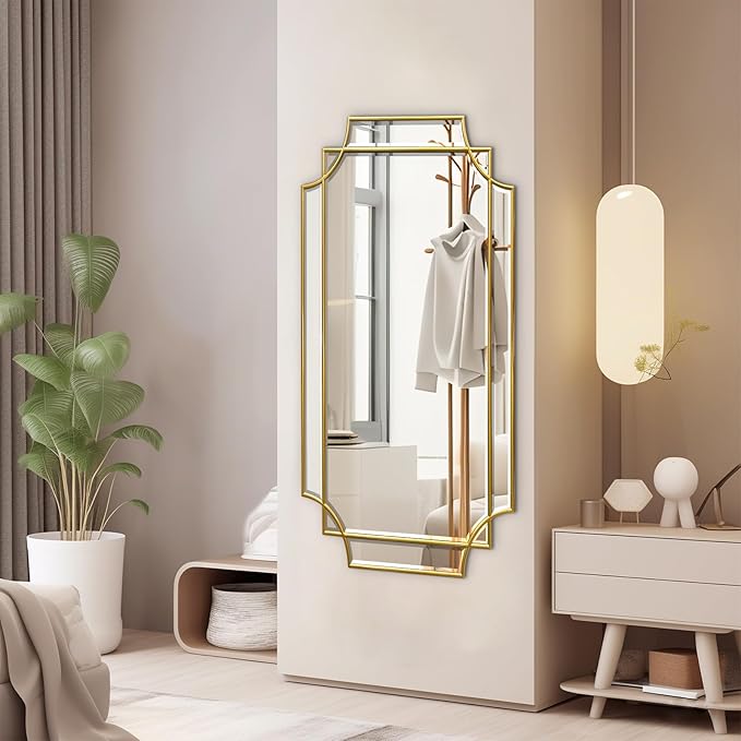 Wall Mirror Full Length, 47" x 24" Gold Wood Framed Full Body Mirror, Scalloped Beveled Polished Decorative Mirrors, Large Rectangle Irregular Mirror for Bathroom/Bedroom/Living Room/Entryway
