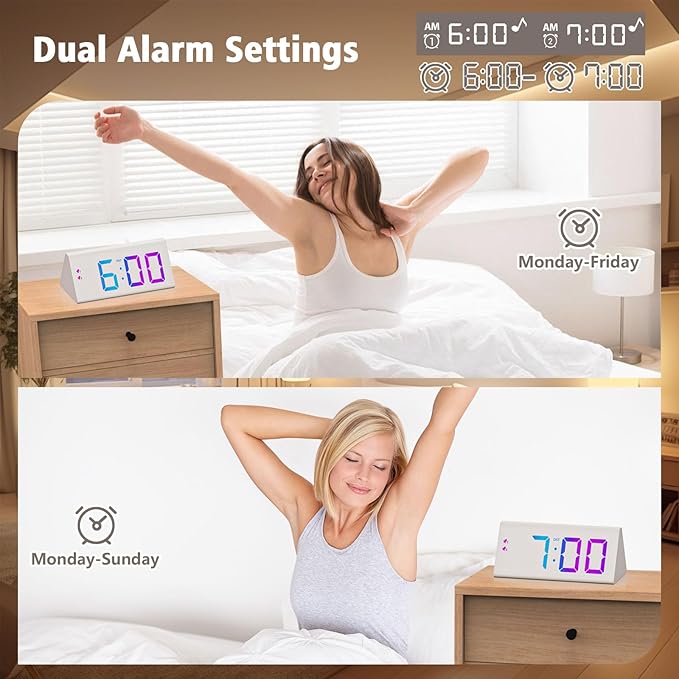 Wooden Digital Alarm Clock with Dual USB Charging Ports, DST, Dimmable, Snooze, RGB Colors, Modern Large Time Display LED Clock for Kids Bedrooms, Living Room, Desk, Table, Bedside, Nightstand (White)