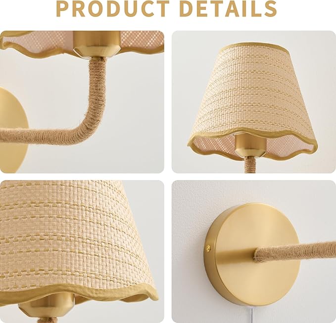 Set of Two Plug in Wall Sconce with 70.8inch Cord and Switch, Hand Woven Ratten Wall Sconces with Grass-Woven Lampshade for Bedroom Living Room Hallway Porch, E26 Base