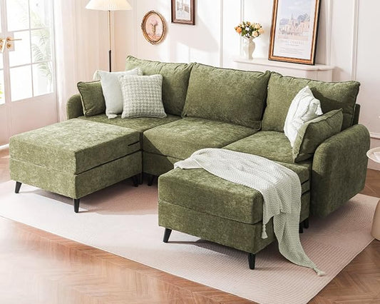 104'' Modular Sectional Sofa with Seats Storage,Oversized U Shaped Couch for Living Room,Comfy 3-Seater Cloud Couches with Deep Seat, Movable Ottoman, 2 Throw Pillow,Chenille,Green