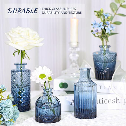 Glass Bud Vase Set of 12, Small Blue Flower Vases for Centerpieces in Bulk, Mini Vintage Vase for Wedding, Home,Table Decoration