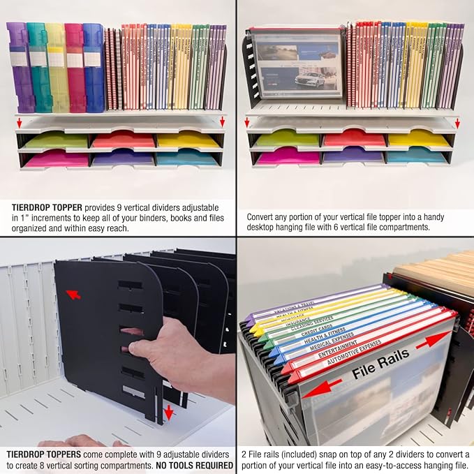 Desktop Organizer 12 Letter Tray Sorter with Hanging File Topper & 3 Supply Drawers - TierDrop Desktop Organizer Stores All of Your Documents, Books, Binders and Supplies in One Compact Modular System