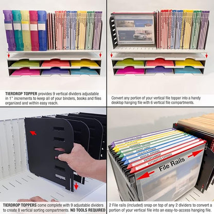 Desktop Organizer 12 Letter Tray Sorter with Hanging File Topper & 3 Supply Drawers - TierDrop Desktop Organizer Stores All of Your Documents, Books, Binders and Supplies in One Compact Modular System
