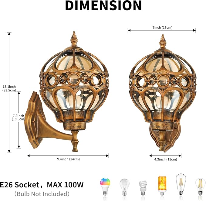 Gold Outdoor Wall Light Fixtures, Globe Exterior Aluminum Waterproof Porch Lights, Sphere Anti-Rust Outside Lantern Wall Mount with Amber Glass for Patio Backyard Garage Doorway, 2 Pack