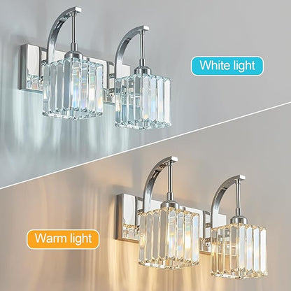 Crystal Vanity Lights 2-Light Chrome Wall Lamp Modern Crystal Bathroom Light Fixtures Over Mirror 13.77" Long Bathroom Wall Sconce