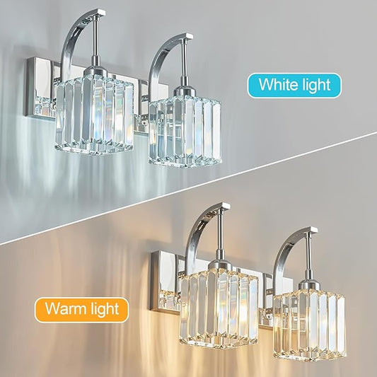 Crystal Vanity Lights 2-Light Chrome Wall Lamp Modern Crystal Bathroom Light Fixtures Over Mirror 13.77" Long Bathroom Wall Sconce