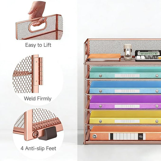 6 Tiers Letter Tray Paper Organizer with Handle, Mesh Desk File Organizer, Metal Desktop Document Shelf Organization, Paper Sorter Organizer for Office, Home or School File Folder Holder (Rose Gold)