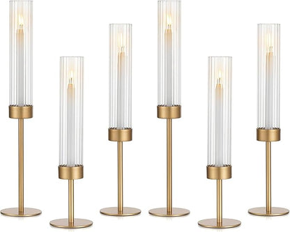 Glasseam Tapered Gold Candlestick Holders: 6 Pcs Tall Brass Taper Candle Holder with Ribbed Glass Cylinder - Hurricane Fluted Candle Holders for Table Centerpiece Wedding Party Christmas Decorations
