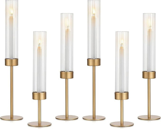 Glasseam Tapered Gold Candlestick Holders: 6 Pcs Tall Brass Taper Candle Holder with Ribbed Glass Cylinder - Hurricane Fluted Candle Holders for Table Centerpiece Wedding Party Christmas Decorations
