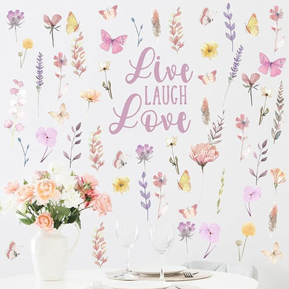 Mfault Watercolor Floral Wall Decals Stickers, Live Laugh Love Flower Butterfly Botanical Decorations Bedroom Art, Spring Summer Wildflower Natural Home Living Room Kitchen Decor