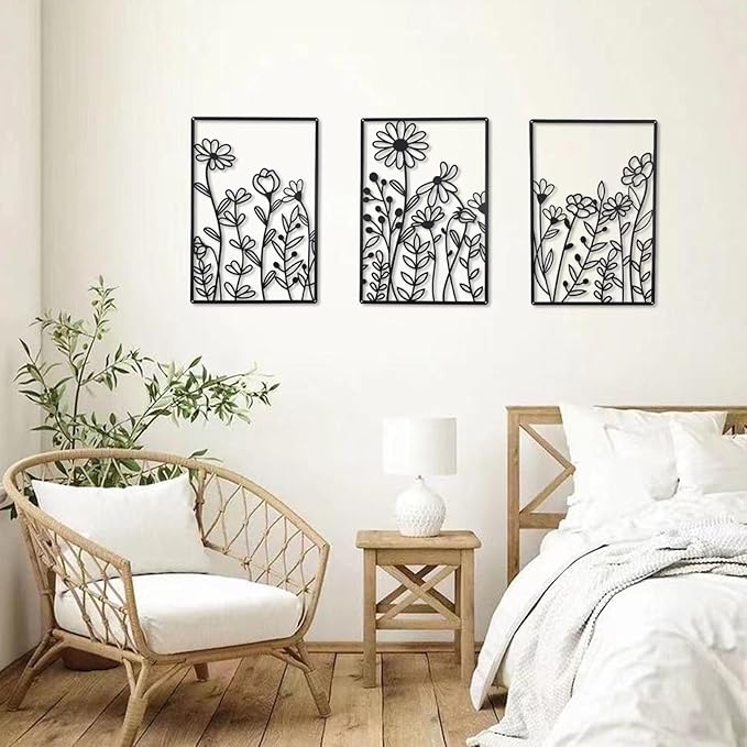 OYEFLY 3 Pcs Metal Flower Wall Decor,Minimalist Flower Wall Decors,Rustic Farmhouse Decor (Black)