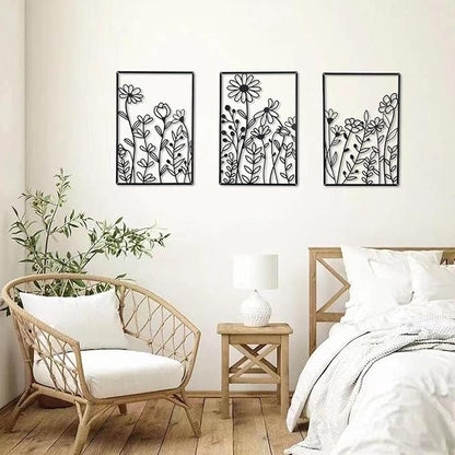 OYEFLY 3 Pcs Metal Flower Wall Decor,Minimalist Flower Wall Decors,Rustic Farmhouse Decor (Black)