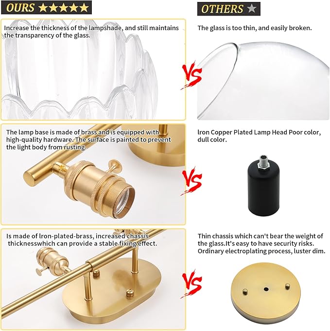 Bathroom Light Fixtures, 4-Light Brass Vanity Wall Light Over Mirror with Clear Tulip Glass Shade for Bedroom Living Room (Bulb Not Included)