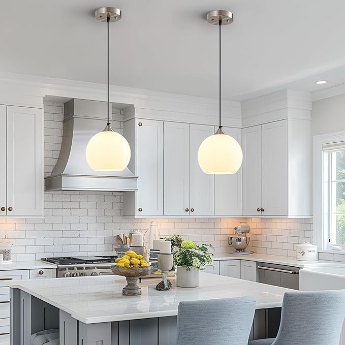 Milky Luster Glass Pendant Lights Kitchen Island Globe Pendant Light Fixtures Modern Pendant Lighting for Bedroom Living Dining Room Light Fixture (7.87 in, 1 Pack)