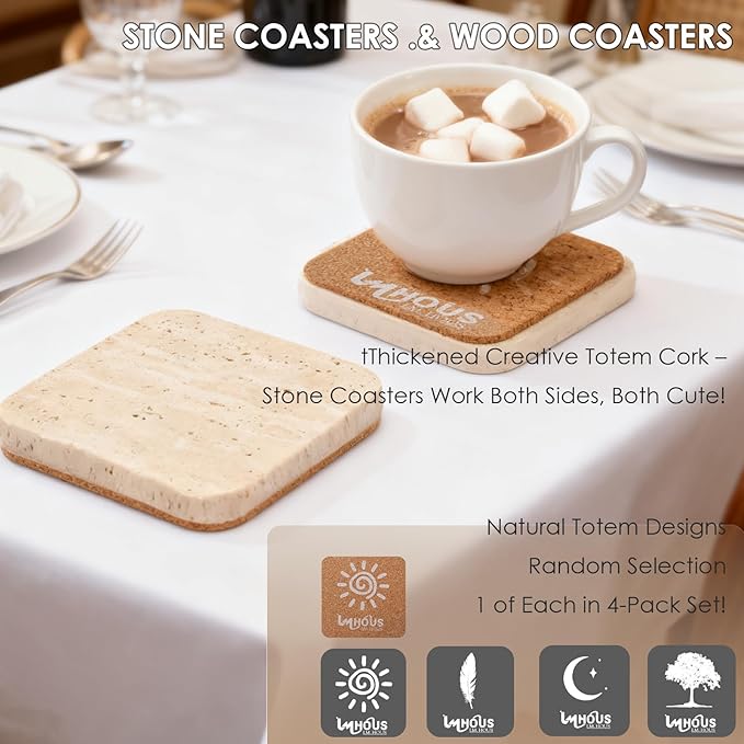 Stone Coasters Set 4PC Natural Travertine, Stone Drink Coaster for Coffee Table Desk,Thick Wood Cork Coaster, Table Cup Mat, Friends houswarming Gift for Furniture, Kitchen, Bar, Wedding