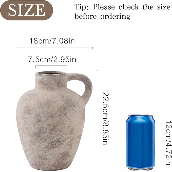 Ceramic Decorative Flower Vase with Handle,8.85 Inch Terracotta Rustic Farmhouse Vase for Home Decor,Living Room, Shelf Decor,Wedding,Housewarming Gift