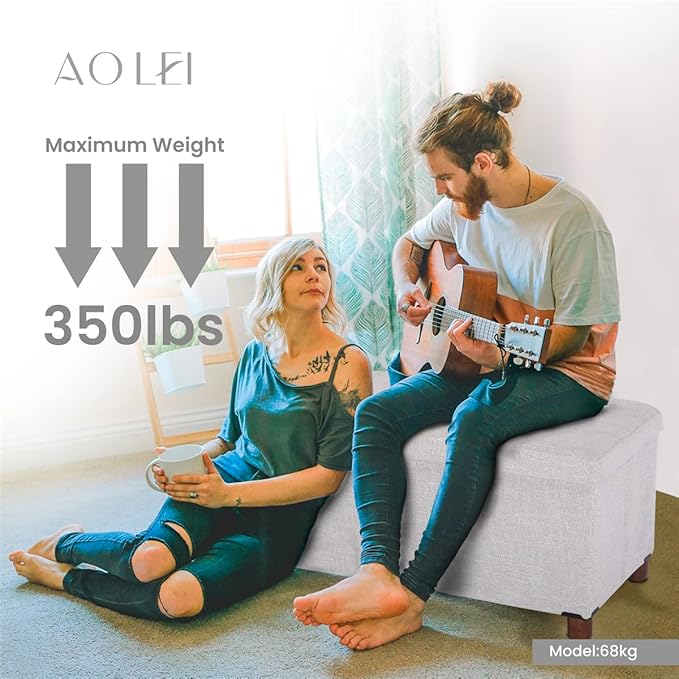 30 Inches Storage Ottoman Bench, Storage Bench with Wooden Legs for Living Room Folding Ottoman Foot Rest Removeable Lid for Bedroom End of Bed, Linen Fabric