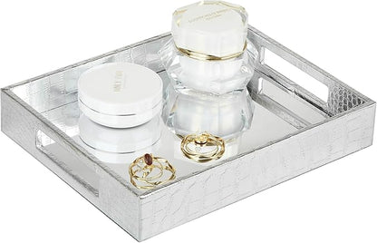 Vixdonos Decorative Mirror Tray,Silver Vanity Tray,Leather Catchall Organizer for Makeup,Perfume and Cosmetic on Dresser or Coffee Table(Small, Silver)