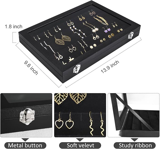 Earring Organizer Tray, Jewelry Tray with Lid, Earring Storage Box, and Jewelry Display Case, Keep Your Earrings Organized and Secure with This Stylish and Functional Earring Tray (Black)