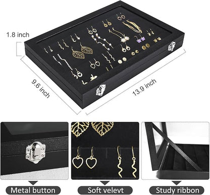 Earring Organizer Tray, Jewelry Tray with Lid, Earring Storage Box, and Jewelry Display Case, Keep Your Earrings Organized and Secure with This Stylish and Functional Earring Tray (Black)