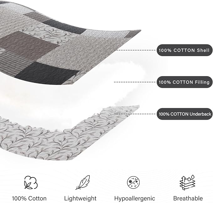 PERHOM King Size Quilt Set, 3 Pieces 100% Cotton King Quilted Comforter Set with 2 Pillow Shams, Farmhouse Plaid Botanical Pattern, Lightweight Reversible Coverlet Bedspread, Brown/Beige/Gray