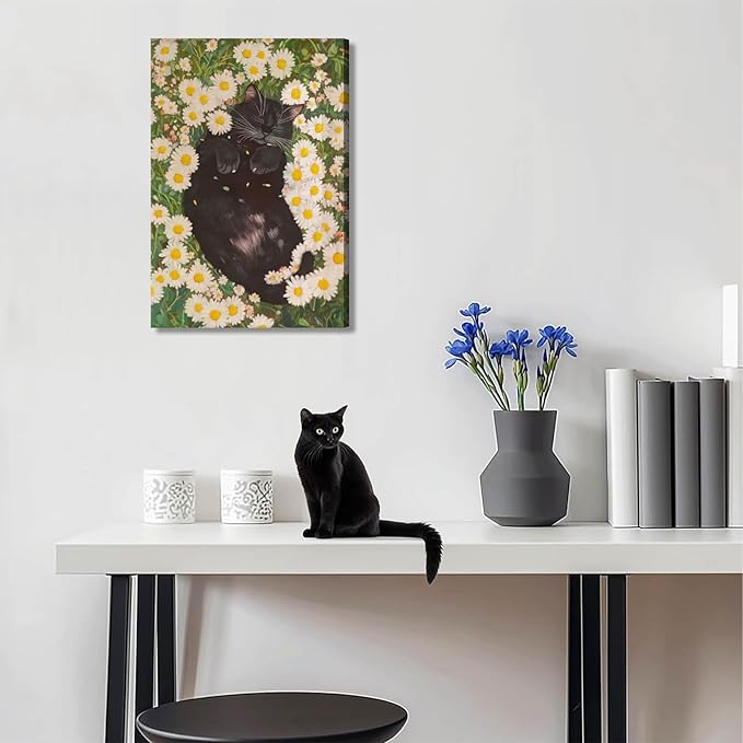 White Daisies and Fat Black Cat Canvas Wall Art Wildflowers Black Cat Poster Print Wall Decor Painting Funny Cat Abstract Farmhouse Aesthetic artwork for Bedroom Bathroom Home Decoration 12x16in