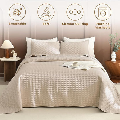 Sanracie Oversized Cotton King Quilt 128"*120" for Extra Bed,3Pcs Linen Colored California King Quilt Sets Oversized Circular Quilting Super Large Wide Cal King Coverlet Thin Comforter Ultra Soft