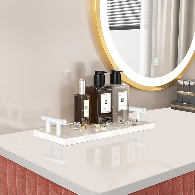 Guest Towel Holder Tray for Bathroom,Marble Slab with Handles -Napkin Holder for Kitchen - Bathroom Tray (White,Small)