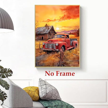 Farmhouse Scenery Canvas Red Truck Picture Farm Tractor Wall Art Old Barn Posters Old Tractor Painting Country House Artwork Rustic Landscape Picture Sunset Farmhouse Wall Art 16x24in No Frame