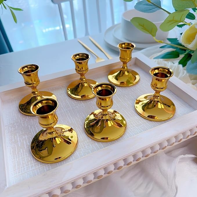 Vintage Gold Taper Candle Holders, Set of 12, Metal Taper Candlestick Holder for Dinner Room Table Centerpiece, Wedding Reception, Festive,Mantel Decoration, Home Decor (Titanium Gold)