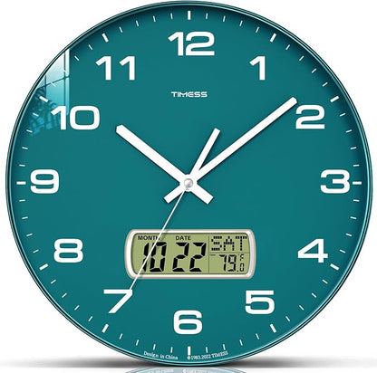 Wall Clock, 12" Dial Non-Ticking Silent Battery Operated Analog with LCD Display for Perpetual Calendar and F° Temperature, Ideal Modern Home, Bedroom, Kitchen, Office Decor (Green)